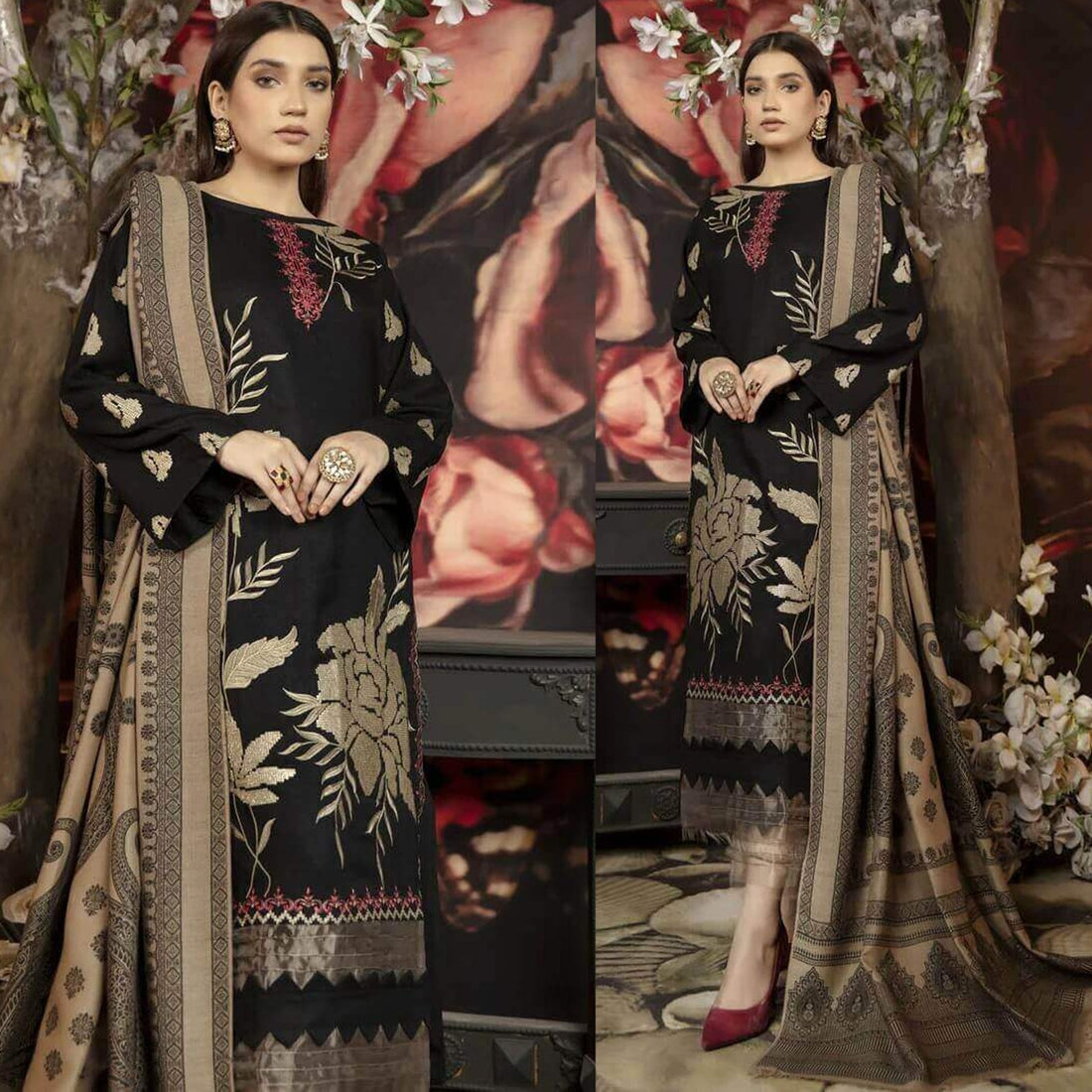 Dhanak 3PC Embroidered Suit with Digital Printed Wool Shawl – ZC3124