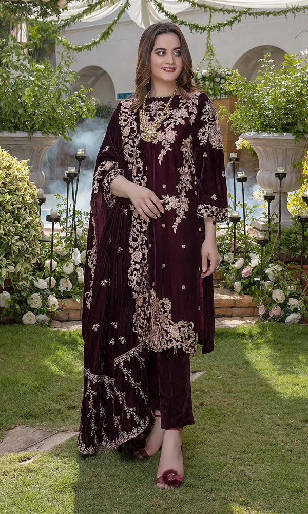 Velvet-3pc Embroidered with Organza Embroidered Dupatta-955