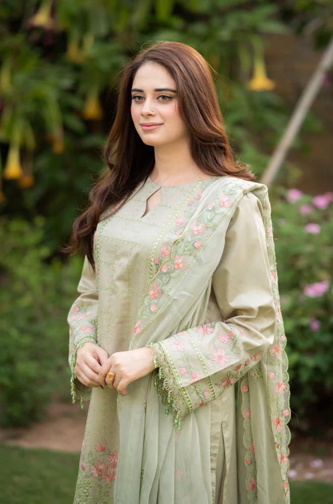 Dhanak 3PC Embroidered Shirt with Organza Embroidered Dupatta – ZC3386