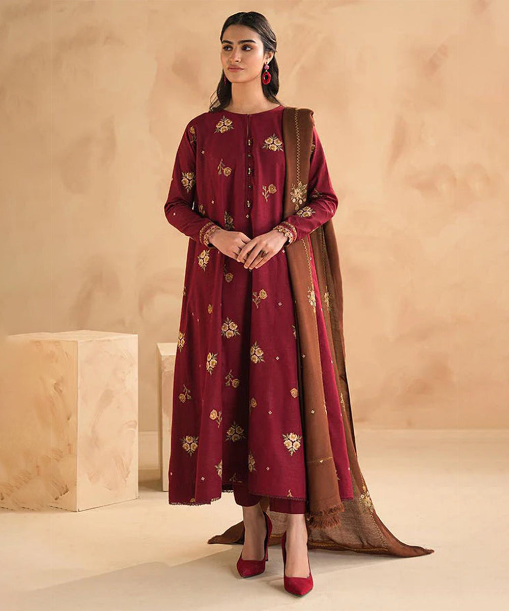 Baroque Dhanak 3PC Embroidered Suit with Embroidered Dhanak Shawl – ZC269