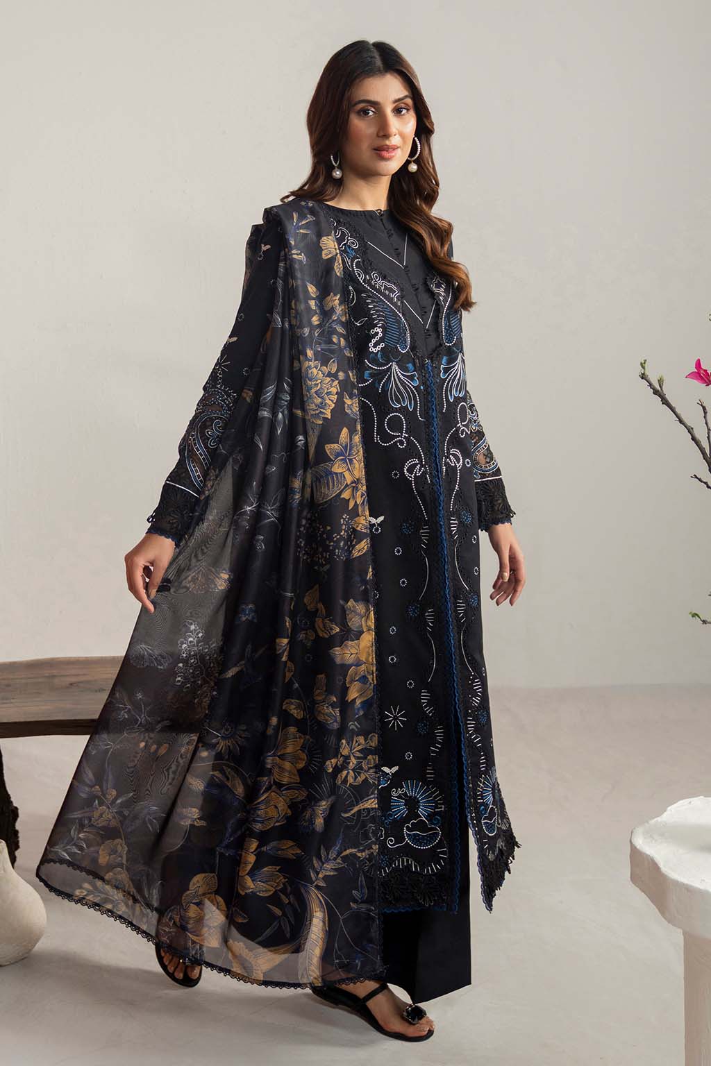 Dhanak 3PC Embroidered Shirt with Digital Printed Wool Shawl – ZC3365