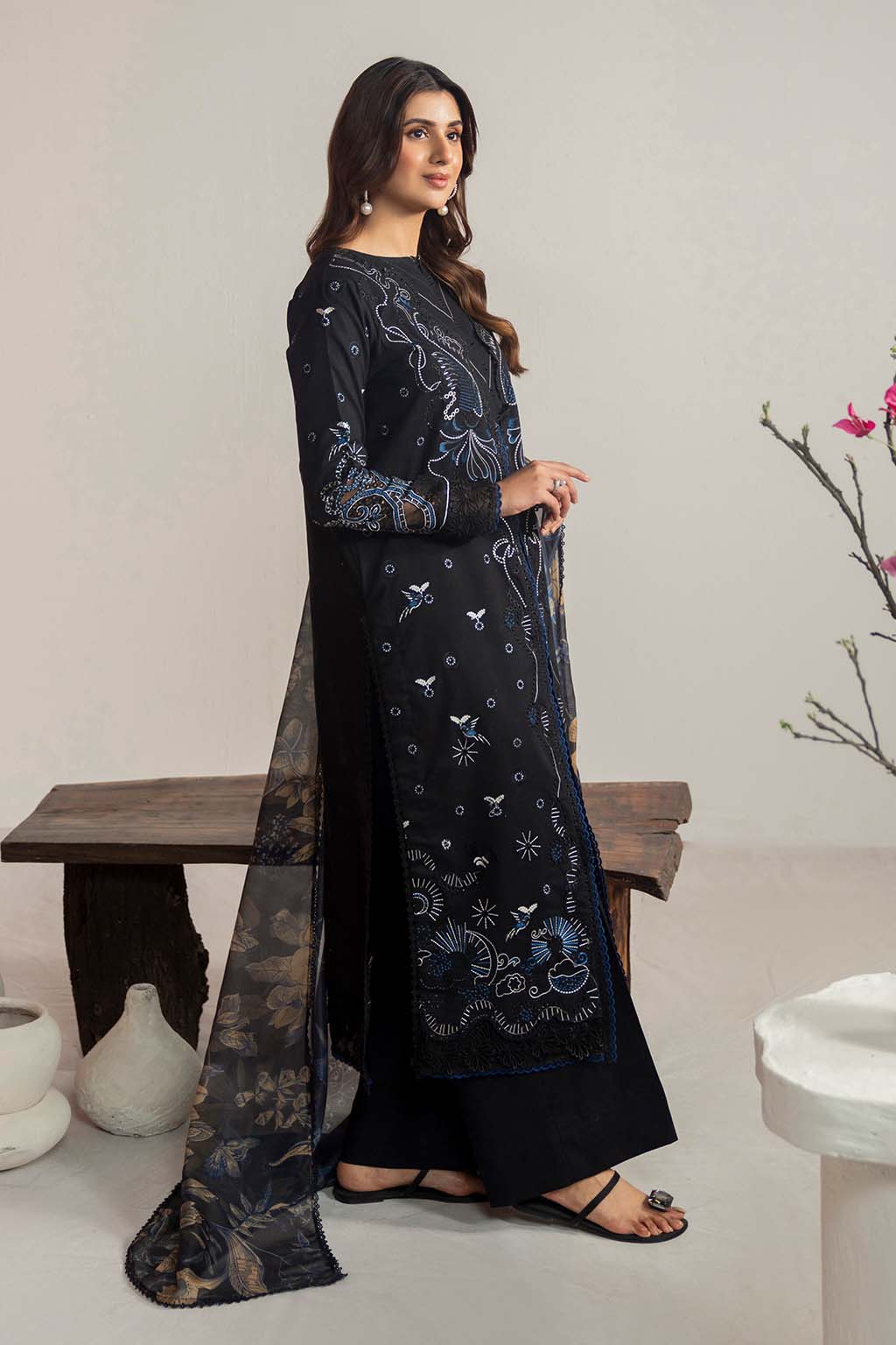 Dhanak 3PC Embroidered Shirt with Digital Printed Wool Shawl – ZC3365