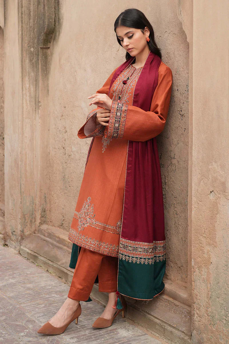 Dhanak 3PC Embroidered Shirt with Digital Printed Wool Shawl – ZC3239