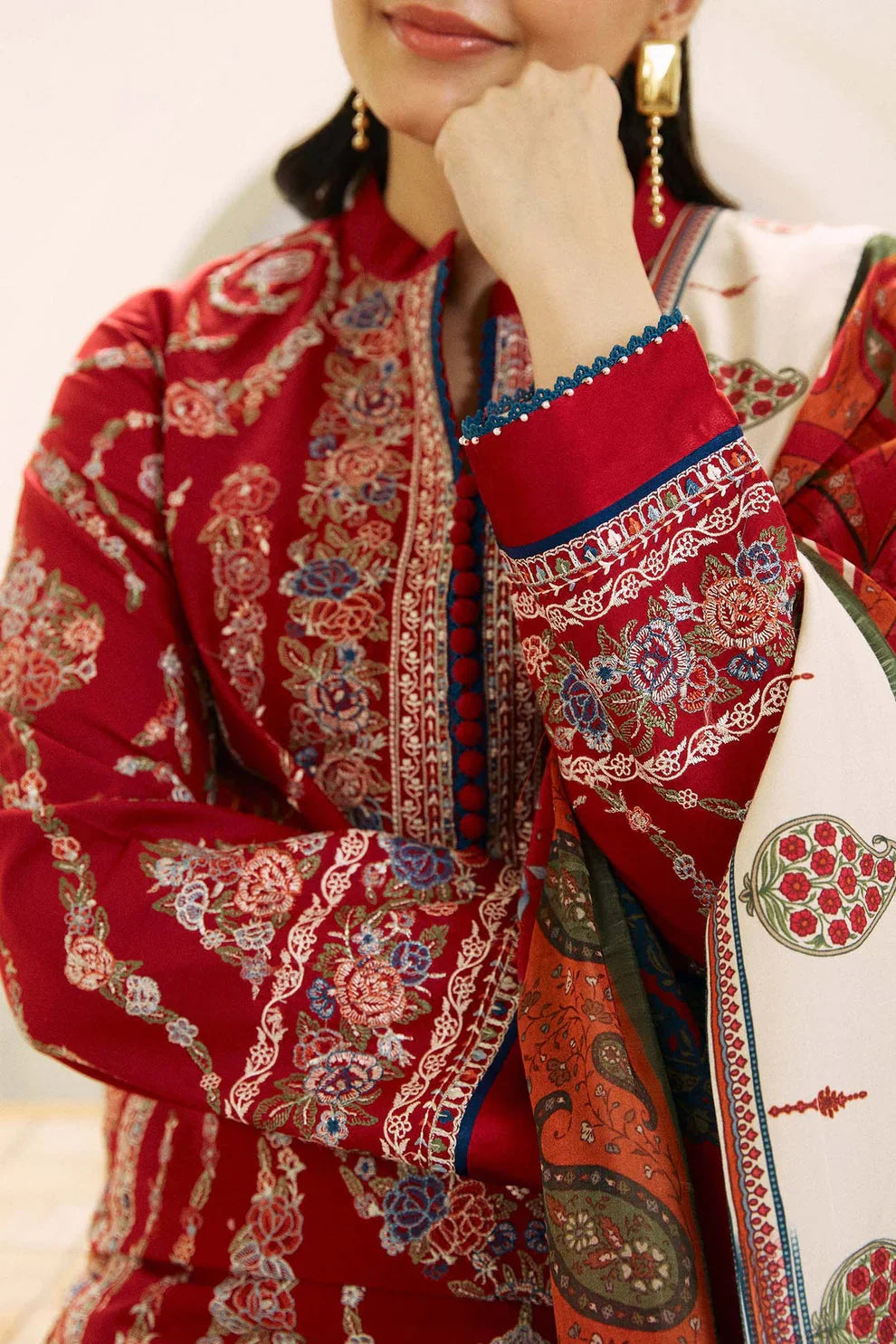 Dhanak 3PC Embroidered Shirt with Digital Printed Wool Shawl – ZC659
