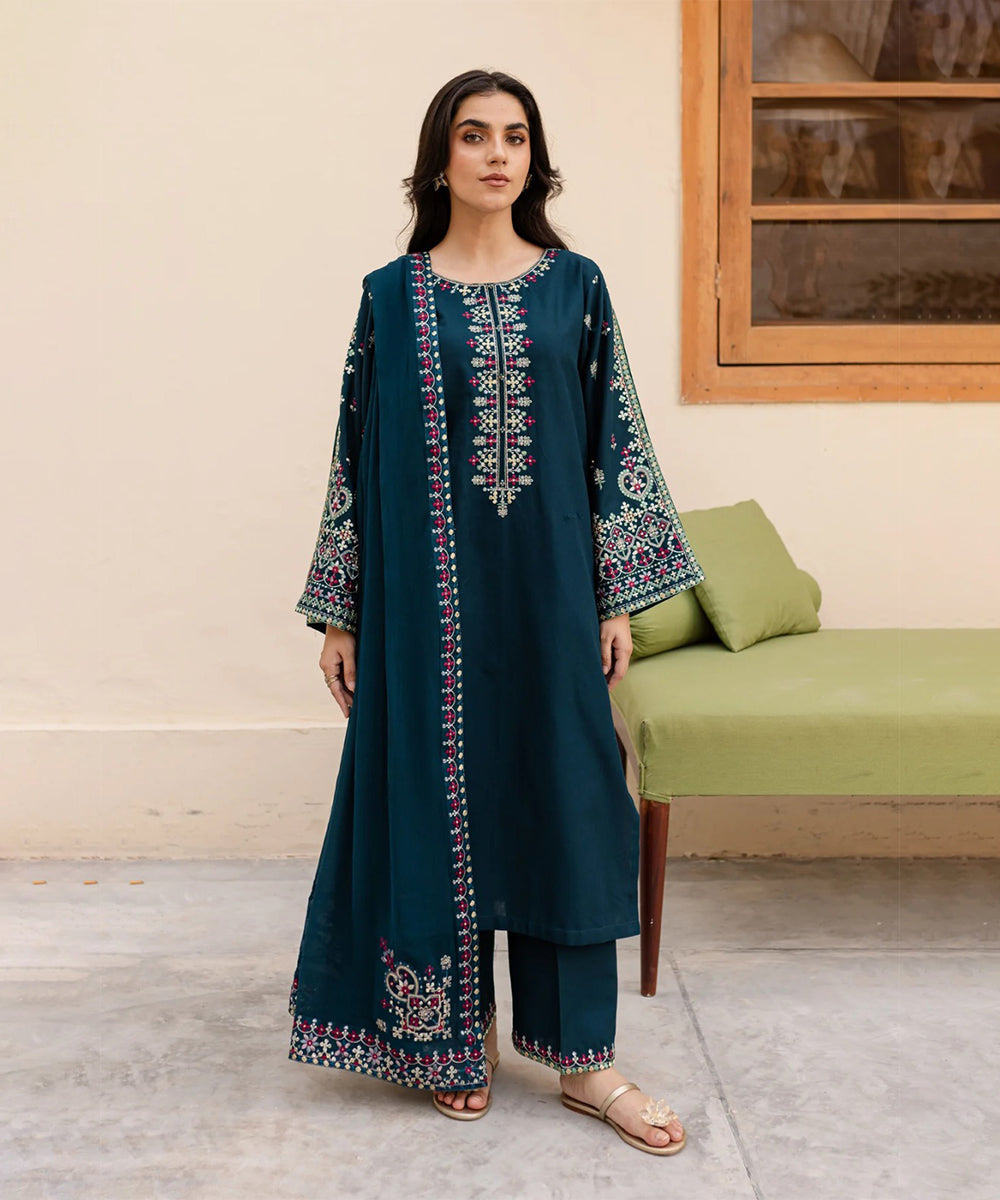 Dhanak 3PC Embroidered Shirt with Chiffon Embroidered Dupatta – ZC3269